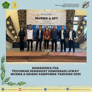 Fakultas Dharma Acarya (FDA) Universitas Hindu Negeri I Gusti Bagus Sugriwa Denpasar menegaskan peran strategis mahasiswa dalam dinamika kampus melalui Musyawarah Mahasiswa (MUSMA) dan Sidang Paripurna Tahunan (SPT) Organisasi Kemahasiswaan (ORKEMAS) FDA