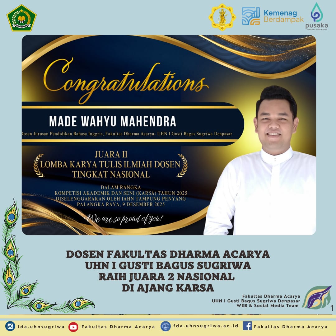 Prestasi Gemilang! Dosen Fakultas Dharma Acarya UHN Sugriwa Raih Juara 2 Nasional di Ajang KARSA